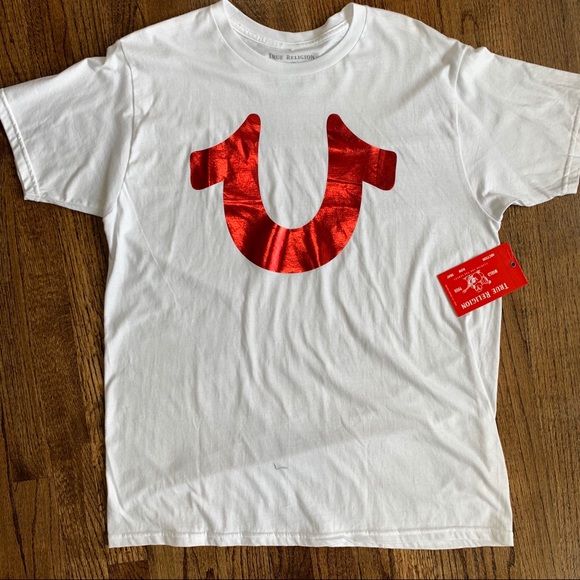 true religion red and white shirt